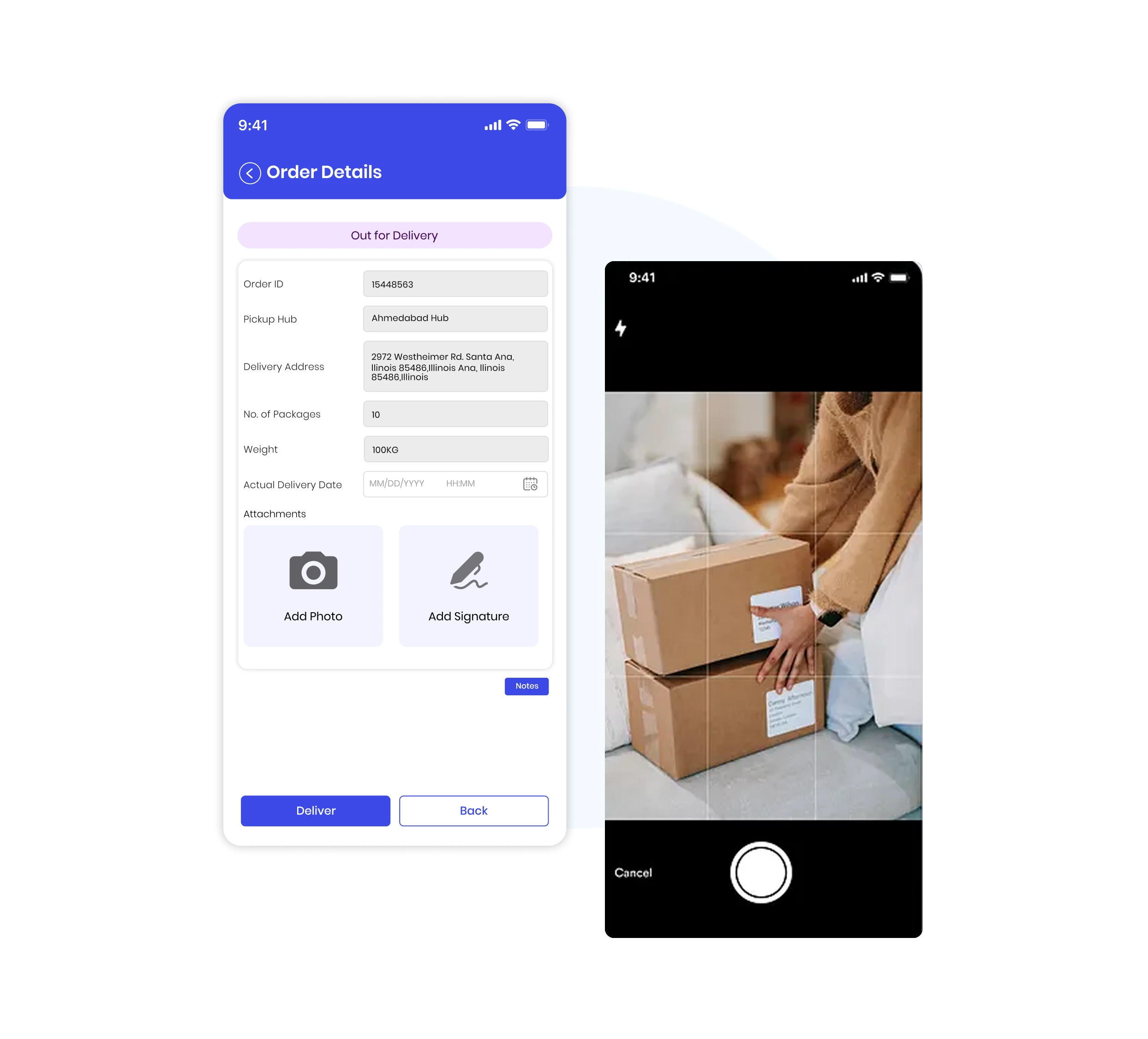 Mobile interface of last mile delivery app in India showing digital order details, contactless proof of delivery options with photo upload and e-signature, enhancing safety and real-time delivery tracking.