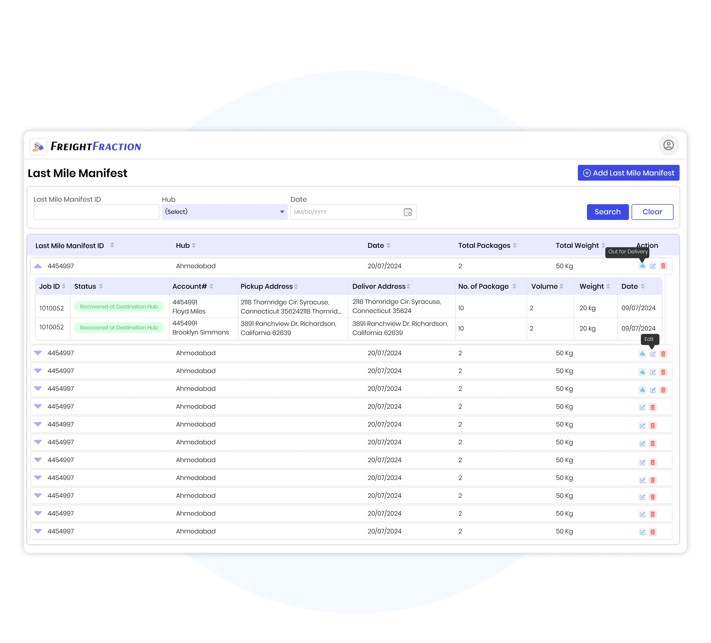 User interface of last mile delivery software showing delivery manifest details, automated scheduling, and tracking for final mile logistics optimization in India.