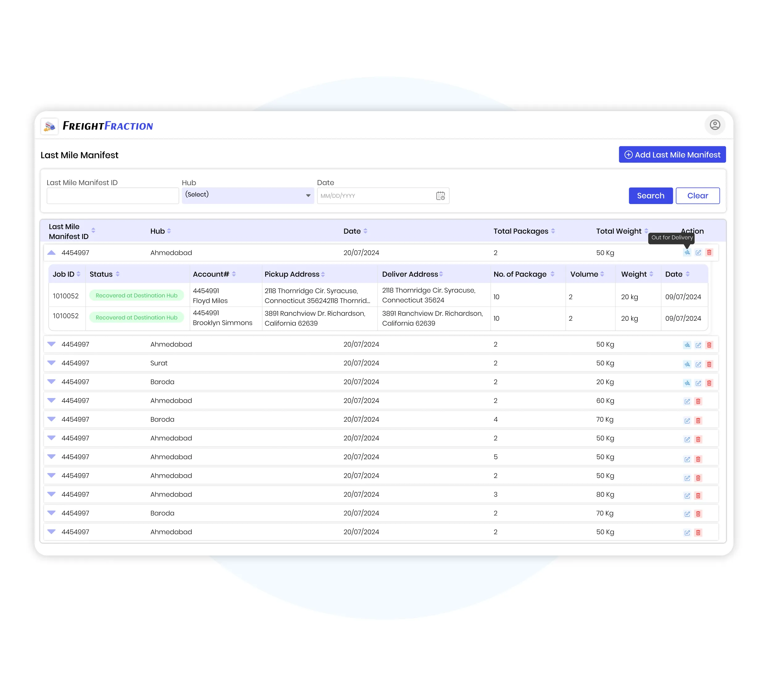Last mile delivery manifest dashboard showing international shipment job records with package data, delivery hubs, and compliance status
