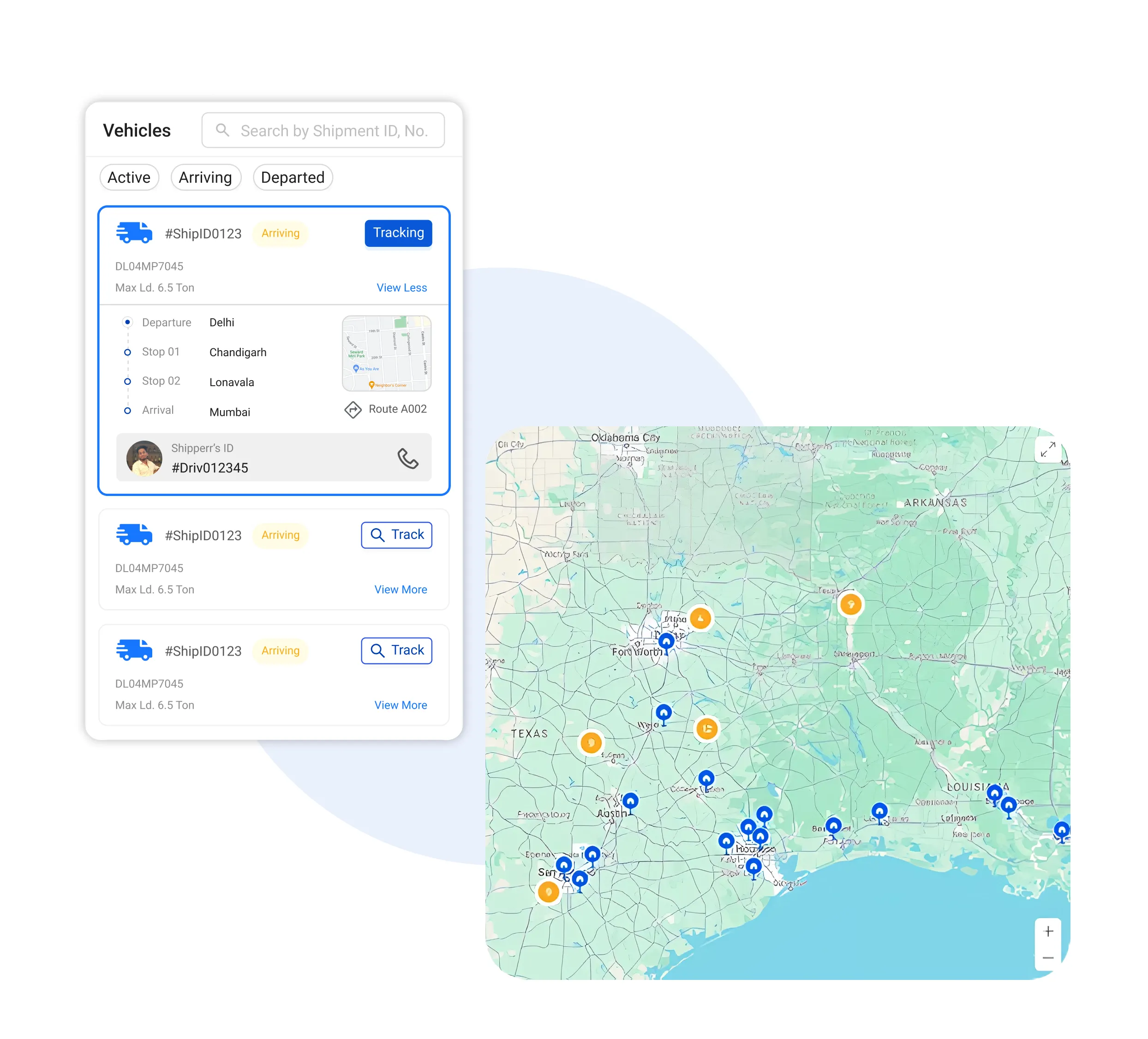Real-time vehicle tracking panel with map showing live shipment locations across multiple cities