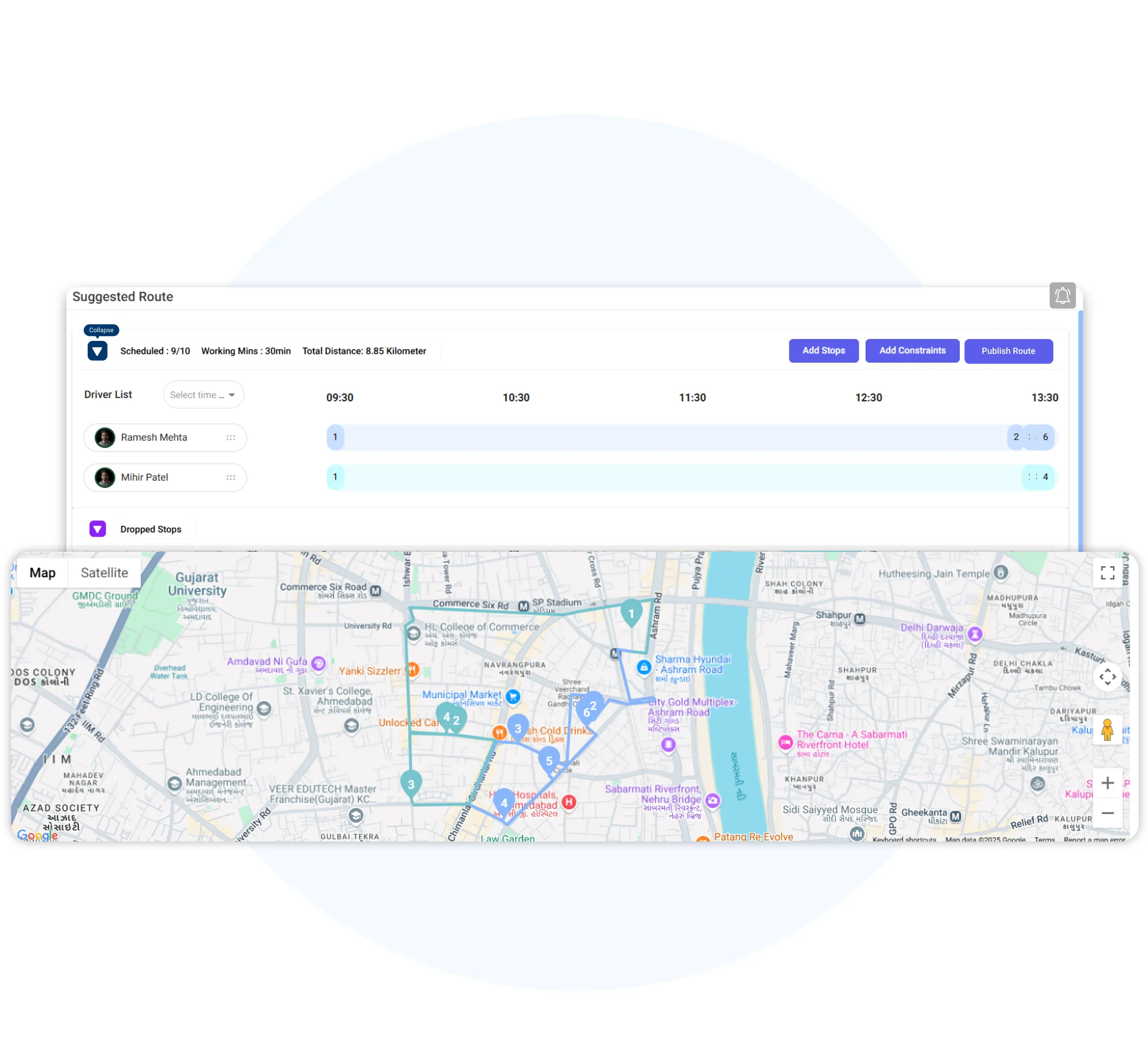 Route planning interface with driver schedules, optimized delivery timeline, and interactive city map for logistics route visualization