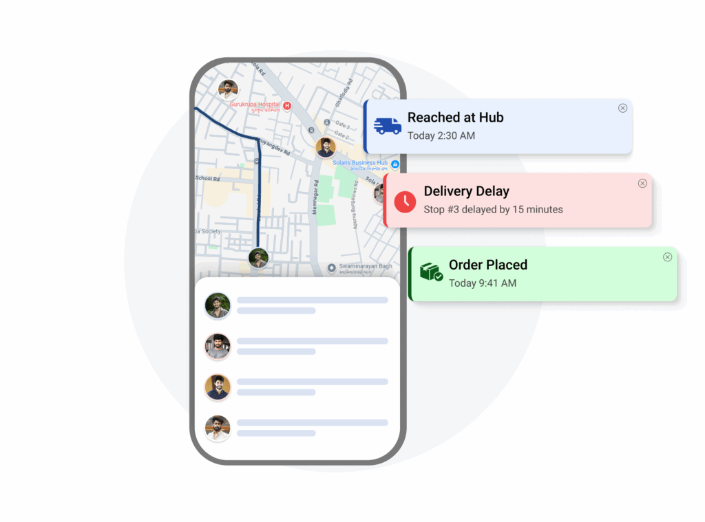 Mobile interface of a multi-stop delivery route planner app showing real-time driver location on map with status notifications like order placed, delivery delay, and arrival at hub, enhancing customer communication and tracking experience.
