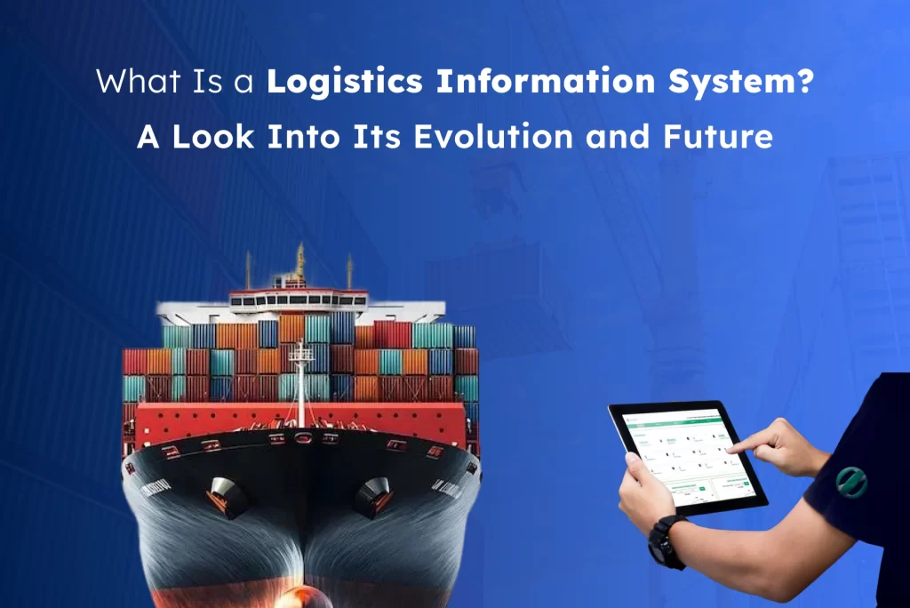 Container ship with colorful cargo and a logistics professional using a digital tablet, representing the role of logistics information systems in global supply chain tracking and automation.