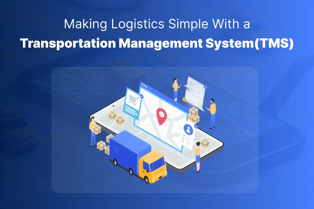Illustration of logistics software with a digital map interface, delivery trucks, packages, and staff coordinating shipments—representing how a transportation management system (TMS) simplifies logistics operations and tracking.