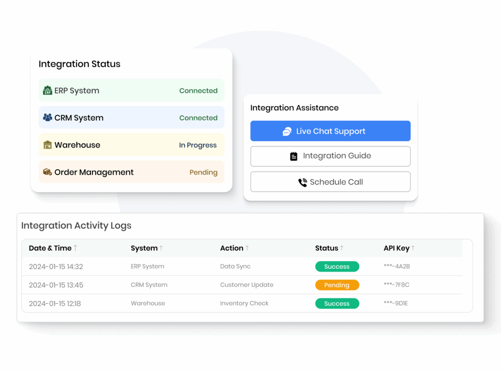 Integration dashboard of a multi-stop route planner app showing real-time connection status for ERP, CRM, warehouse, and order management systems, along with activity logs, live chat support, and integration assistance options.