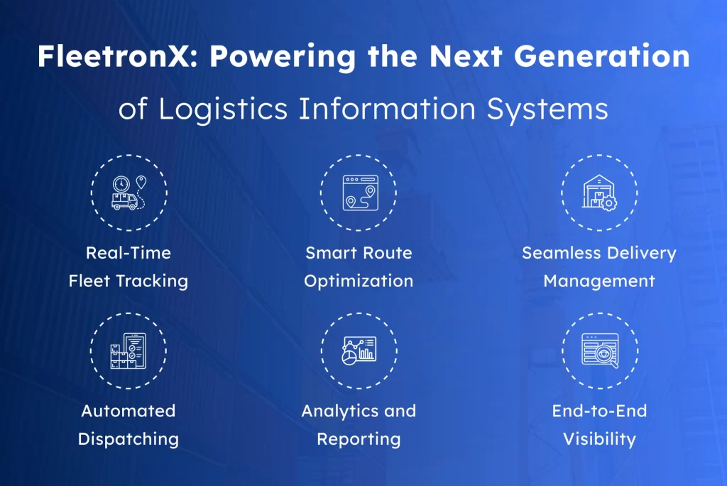 Infographic showcasing FleetronX features like real-time fleet tracking, smart route optimization, automated dispatching, and end-to-end visibility for next-gen logistics information systems.