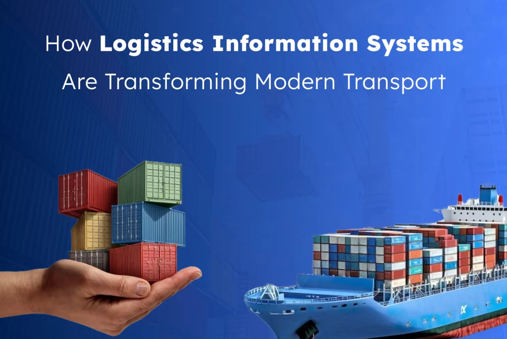 Hand holding stacked cargo containers beside a container ship, symbolizing how logistics information systems bring control, visibility, and efficiency to modern transport and global shipping operations.