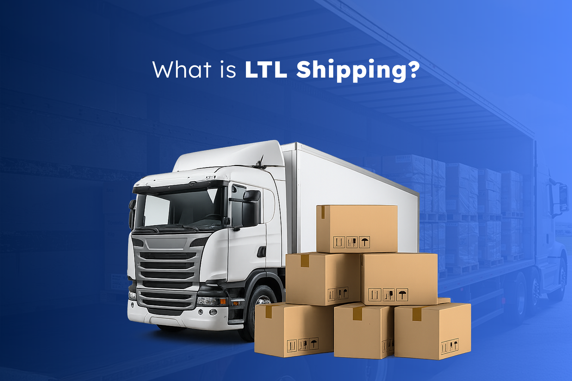 White delivery truck next to stacked cardboard boxes, representing Less Than Truckload (LTL) shipping—ideal for businesses transporting smaller shipments that share truck space to reduce freight costs and improve logistics efficiency.
