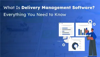 Illustration of a logistics manager analyzing delivery data dashboards with charts and graphs, symbolizing the concept of delivery management software for efficient order tracking, route planning, and real-time monitoring.